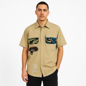 Cookies Mens Khaki Utility Camo Pocket‎ Short Sleeve Button Up Shirt Size L